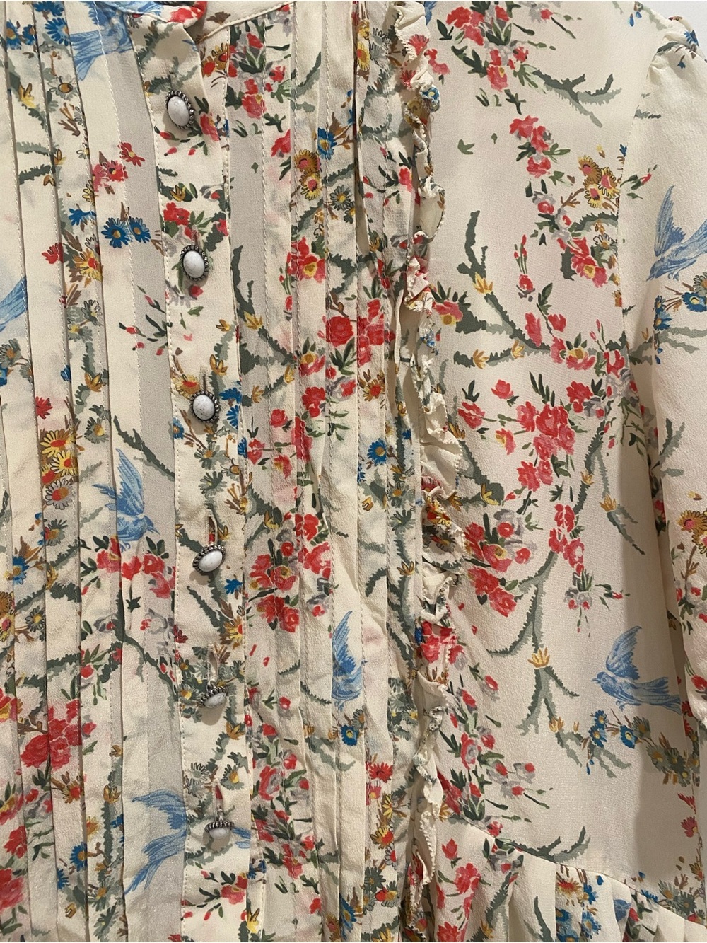The Kooples Cream Floral Pleated Dress with Blue Bird Motif - Picture 5 of 9